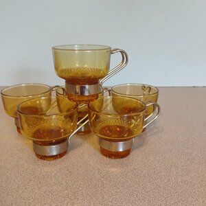 Italian Vintage Amber Demitasse Cup with Metal Holder, set of 6